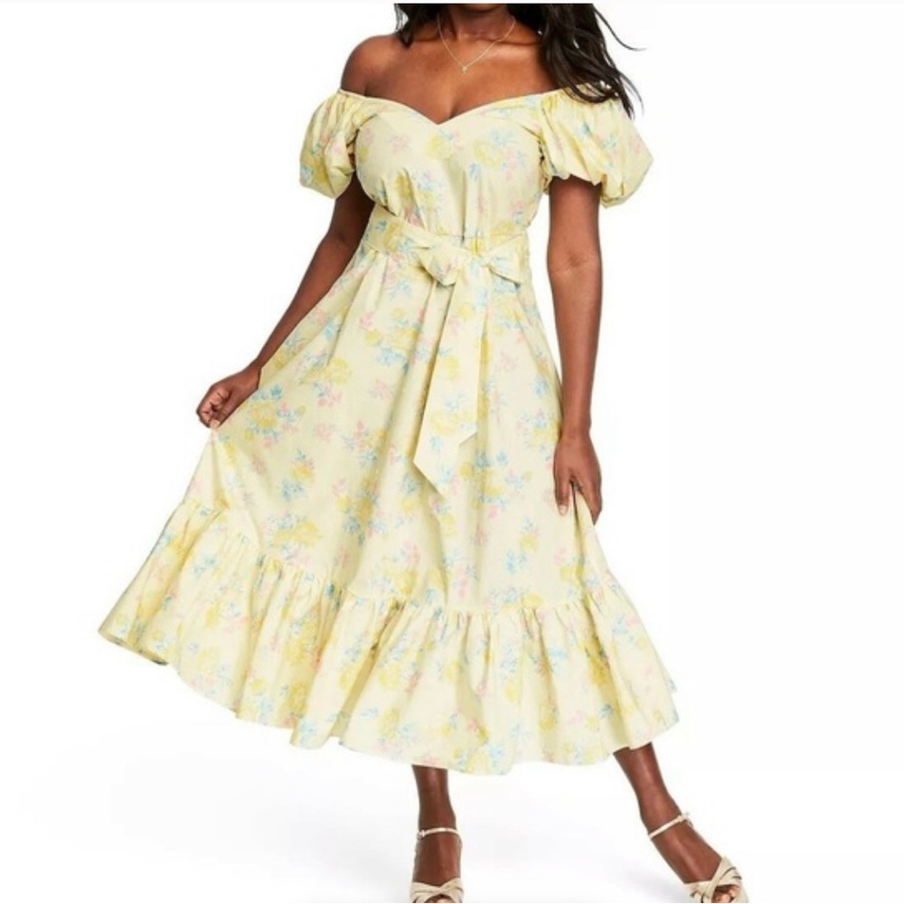 LoveShackFancy Yellow Floral Off-Shoulder Midi Dress